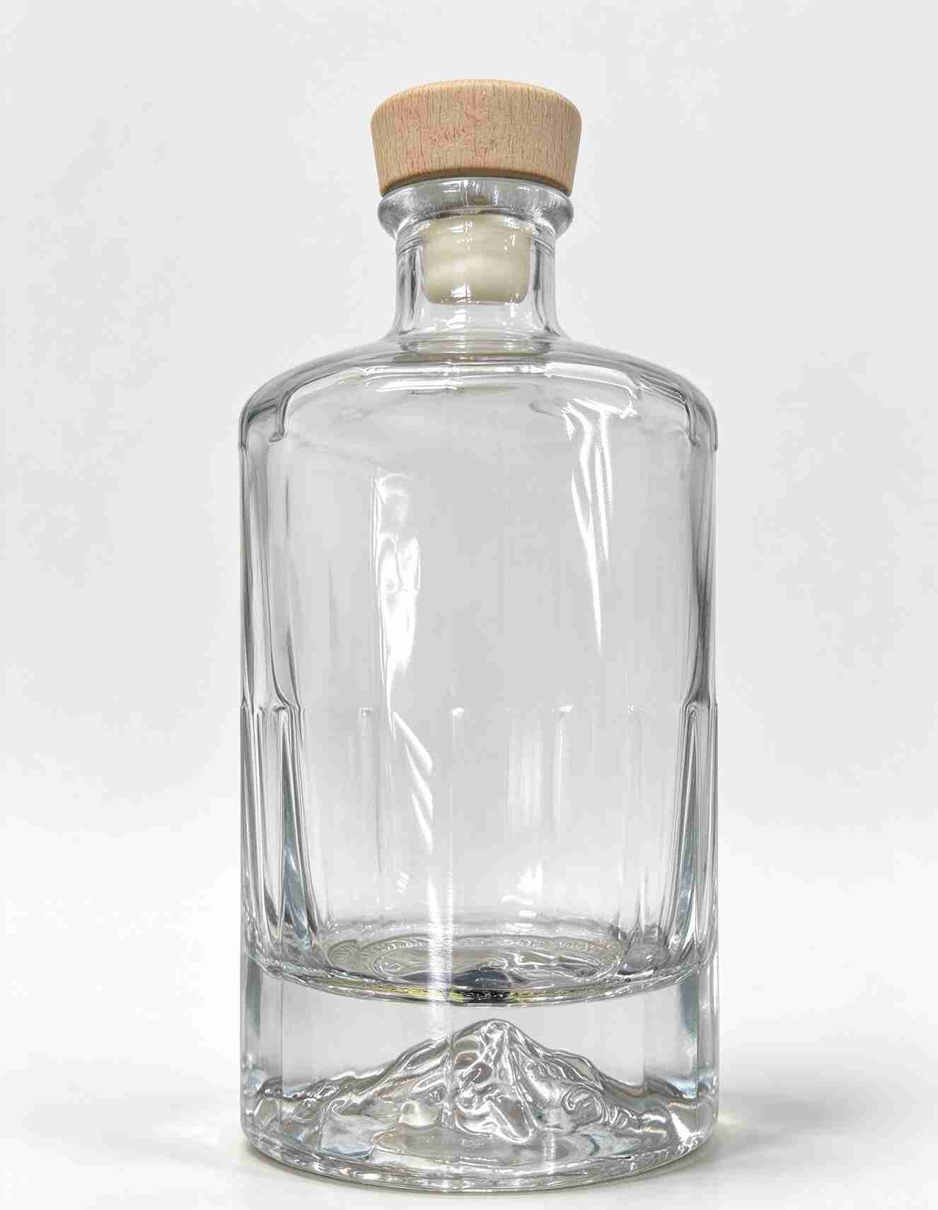 Vertical Cut Liquor Bottle with Mountain Embossed Base & Wooden-style Stopper, 750ml Premium Glass Bottle for Whiskey & Gin
