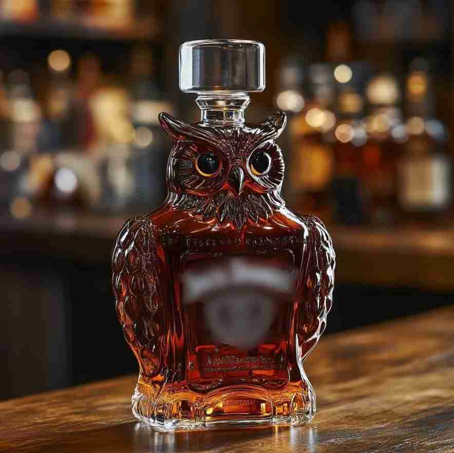 Owl 3D Embossed Art Spirits Glass Bottle, 700ml Animal-shaped Whiskey Decanter with Solid Crystal Stopper