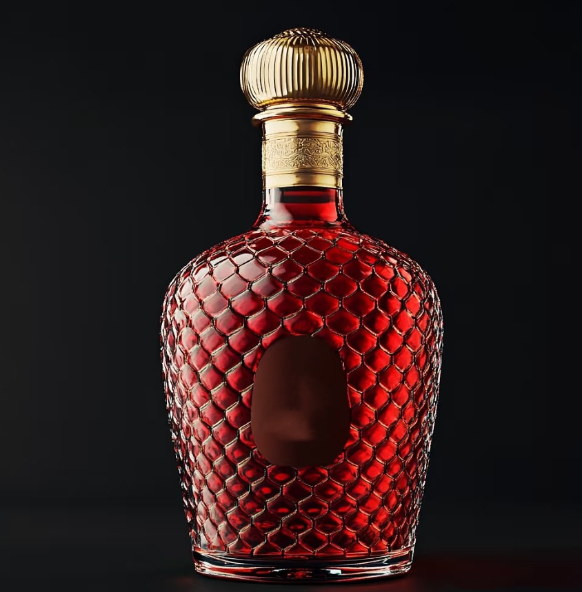 Diamond Mesh Embossed Round Belly Spirit Glass Bottle, 700ml Luxury Vintage Liquor Bottle with Gold Crown Cap
