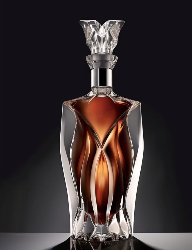 Petal Cut Crystal Art Spirit Glass Bottle, 700ml Streamlined V-Cut Liquor Bottle with Petal-shaped Crystal Stopper
