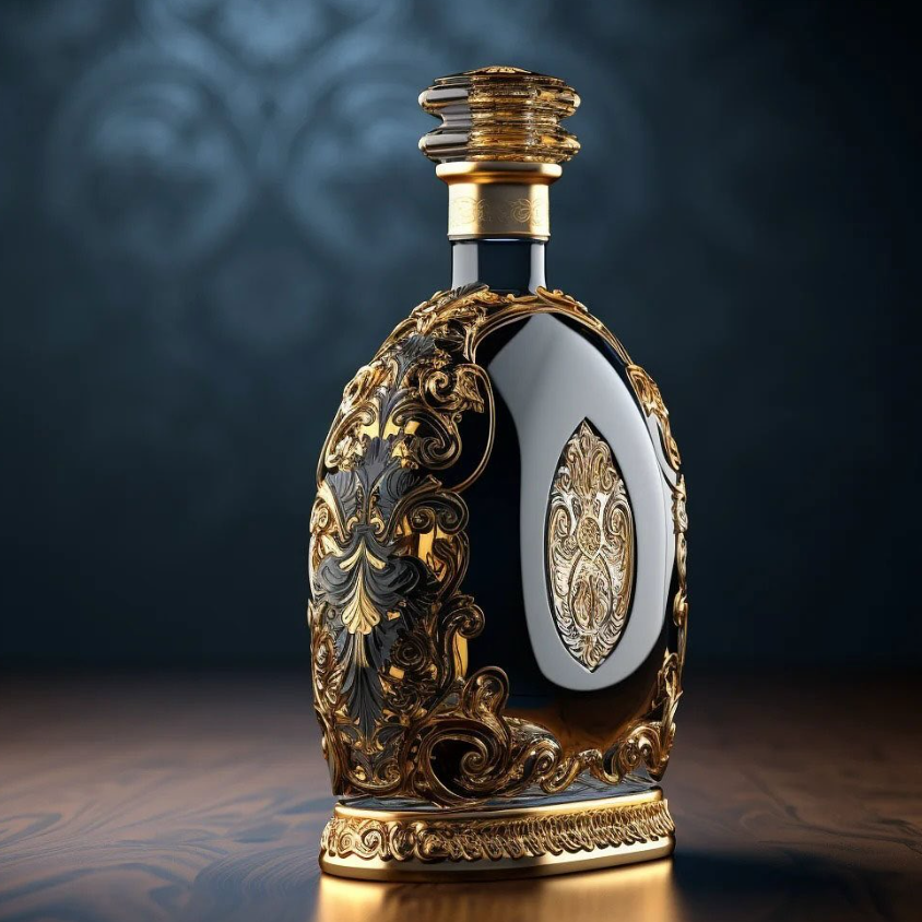 Baroque Gilded Embossed Round Belly Spirit Glass Bottle, 700ml European Vintage Carved Liquor Bottle with Multi-layer Gold Swirl Crystal Cap