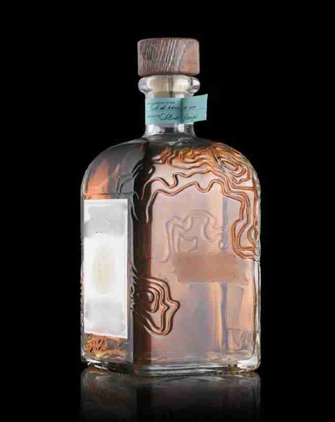 Contour Embossed Flat Square Spirit Glass Bottle, 700ml Topographic Relief Liquor Bottle with Rough Grain Wood Stopper