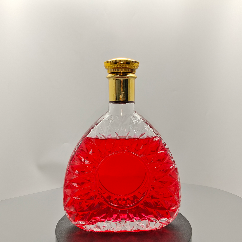 Diamond Cut Flat XO Brandy Glass Bottle, Premium Heavy Flint Liquor Bottle with Gold Cap