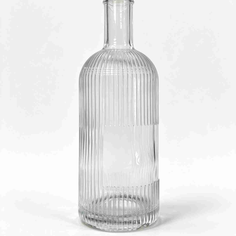 Vertical Ribbed Glass Liquor Bottle, 750ml Vintage Striped Clear Bottle with Thread Neck for Gin & Vodka