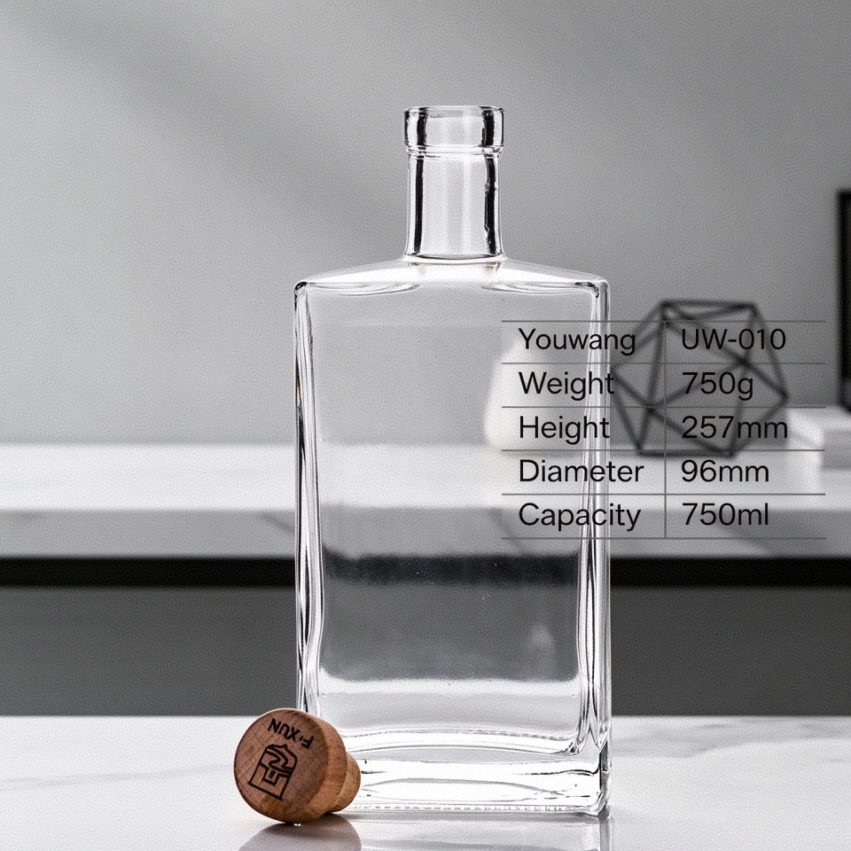750ml Minimalist Square Liquor Bottle, Clear Glass with Wooden Stopper, Custom Logo