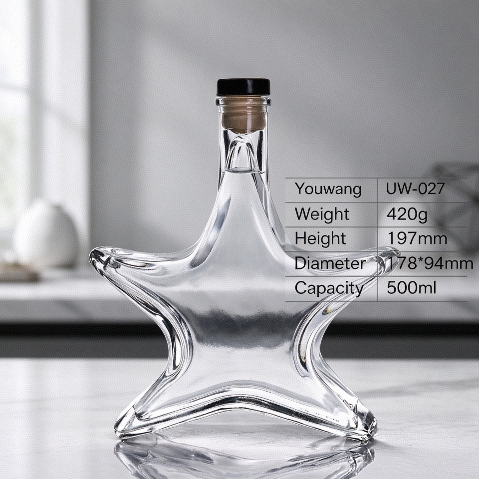 500ml Creative Star Shaped Glass Bottle, Unique Gift Spirit Bottle with Cork Stopper, Customizable