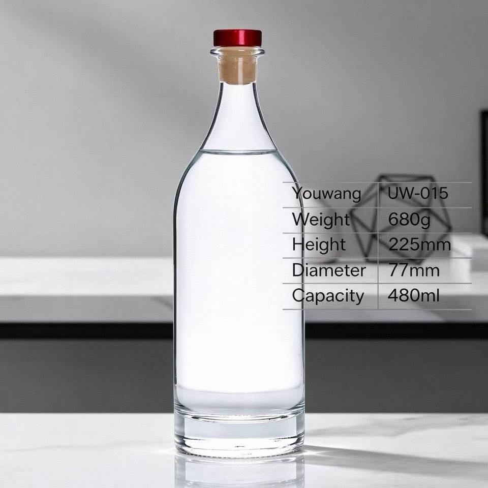 480ml Simple Round Spirit Bottle, Clear Glass with Cork & Red Top Cap, Custom Logo Available