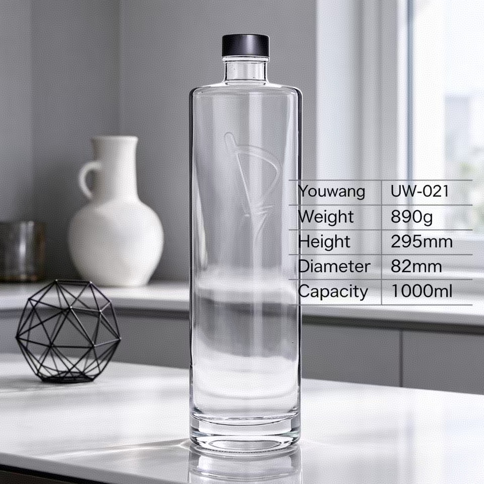 1000ml Large Slim Rectangular Glass Bottle, Heavy Clear Spirit Bottle with Black Screw Cap, Custom Embossed Logo