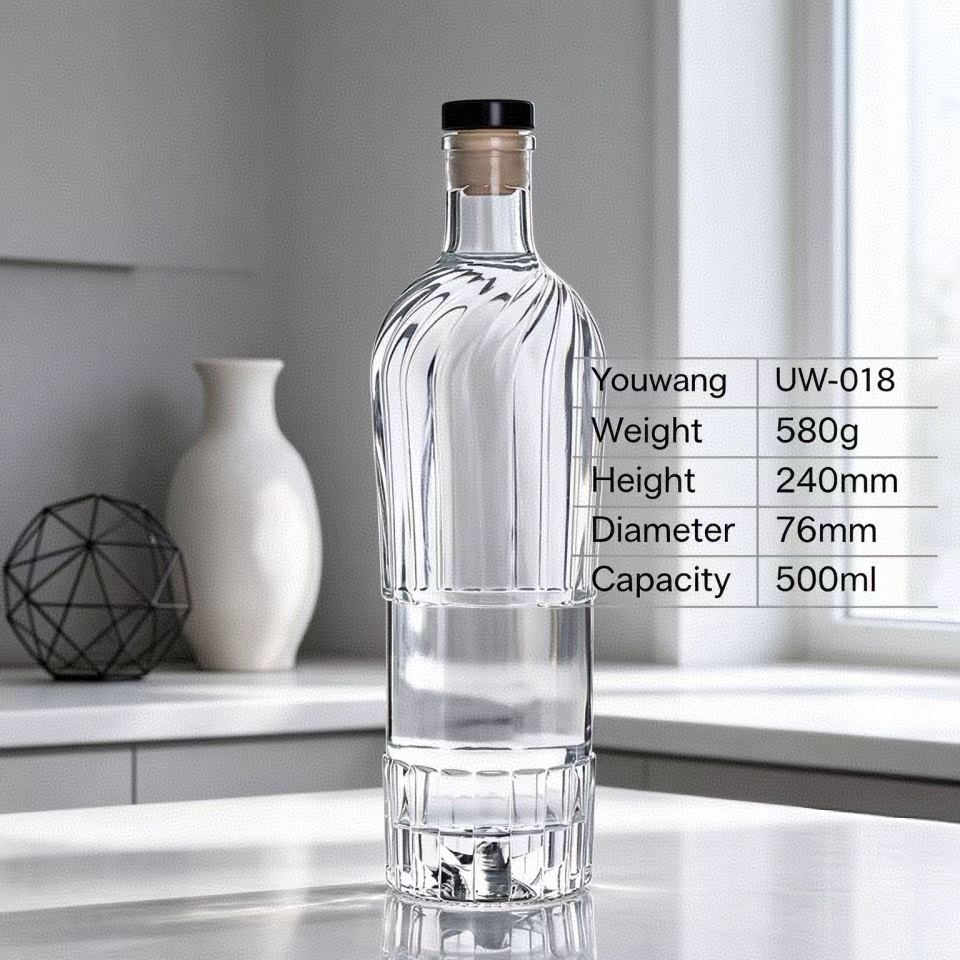 500ml Swirl Ribbed Spirit Bottle, Textured Embossed Glass Bottle with Cork & Black Cap, Custom Creative Liquor Packaging