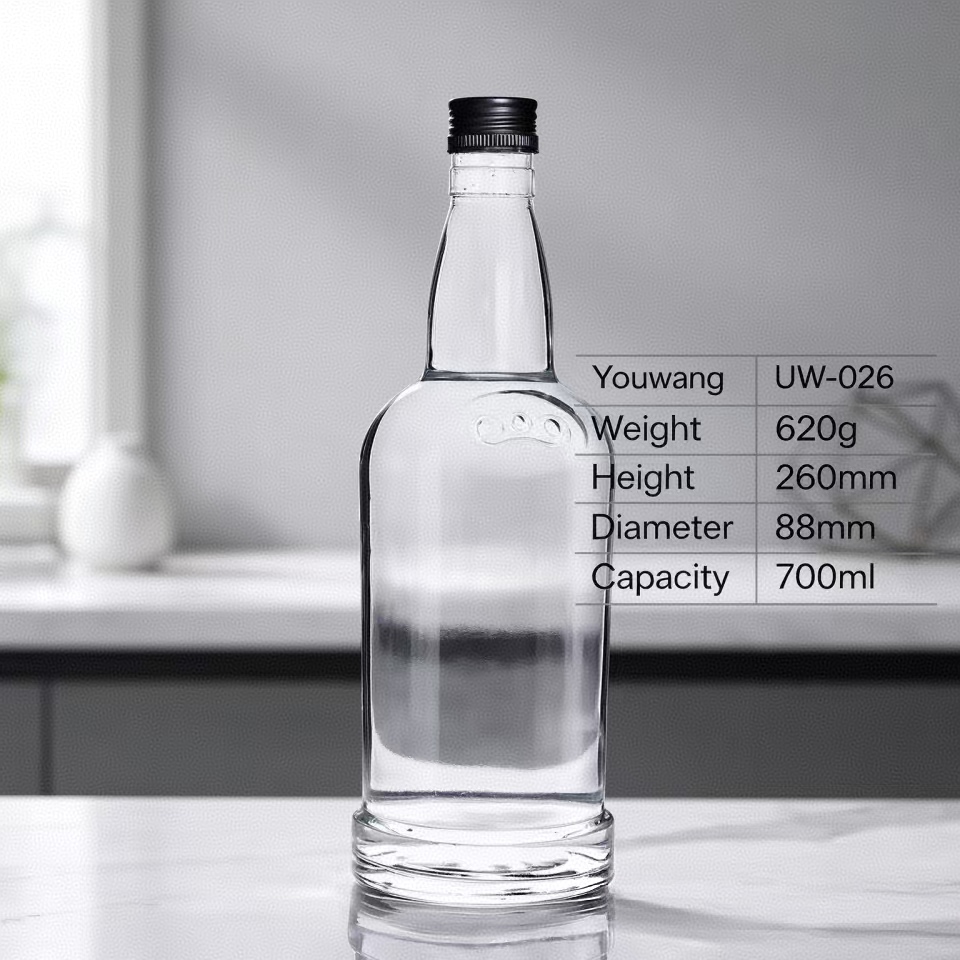 700ml Classic Tapered Shoulder Spirit Bottle, Clear Glass Bottle with Black Screw Cap, Hot Selling Custom Whiskey Bottle