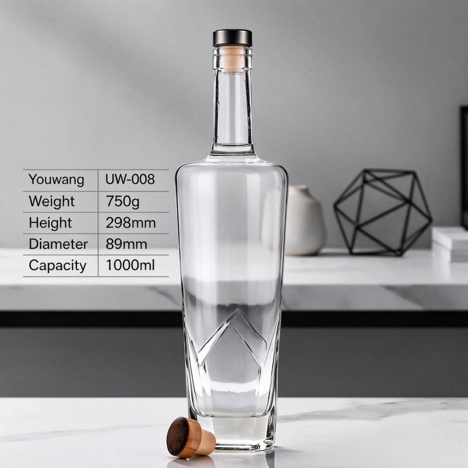 1000ml Large Capacity Straight Spirit Bottle, Diamond Cut Base Glass Bottle, Optional Metal Cap & Wood Cork, Custom Whiskey & Vodka Bottle