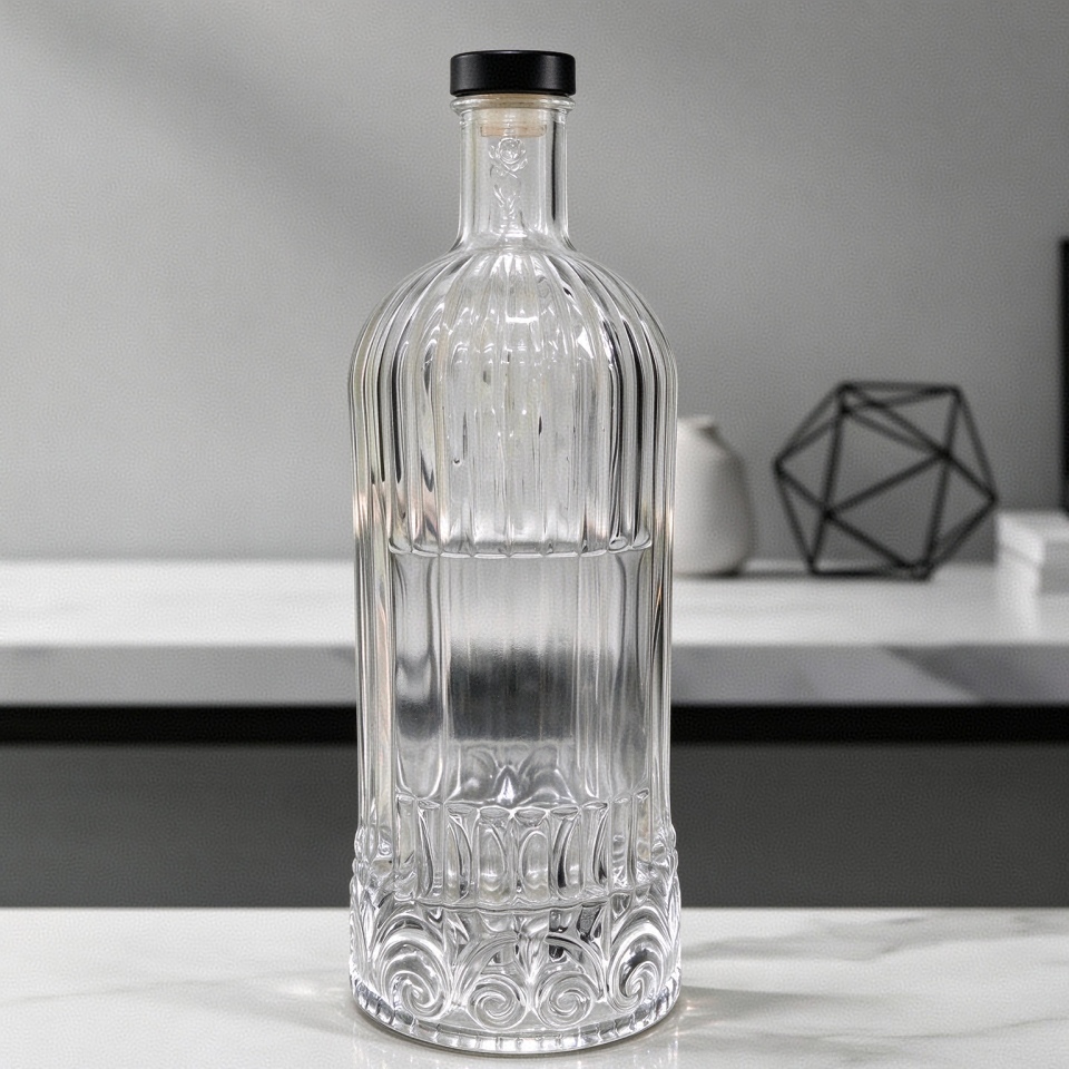 Vintage Vertical Ribbed Spirits Glass Bottle, 700ml Heavy Weight Liquor Bottle with Scrollwork Embossed Base