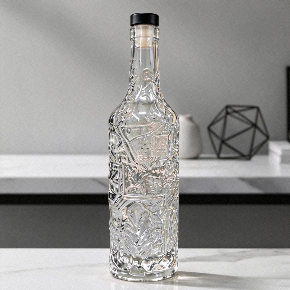 750ml Embossed Spirits Glass Bottle, Vintage Relief Glass Bottle for Whiskey, Rum, Gin Custom Empty Liquor Bottle