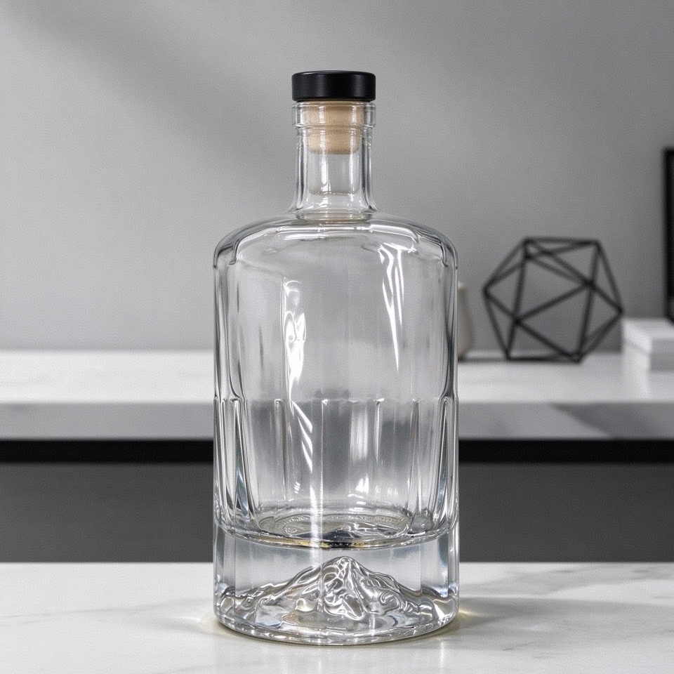 Vertical Cut Liquor Bottle with Mountain Embossed Base & Wooden-style Stopper, 750ml Premium Glass Bottle for Whiskey & Gin