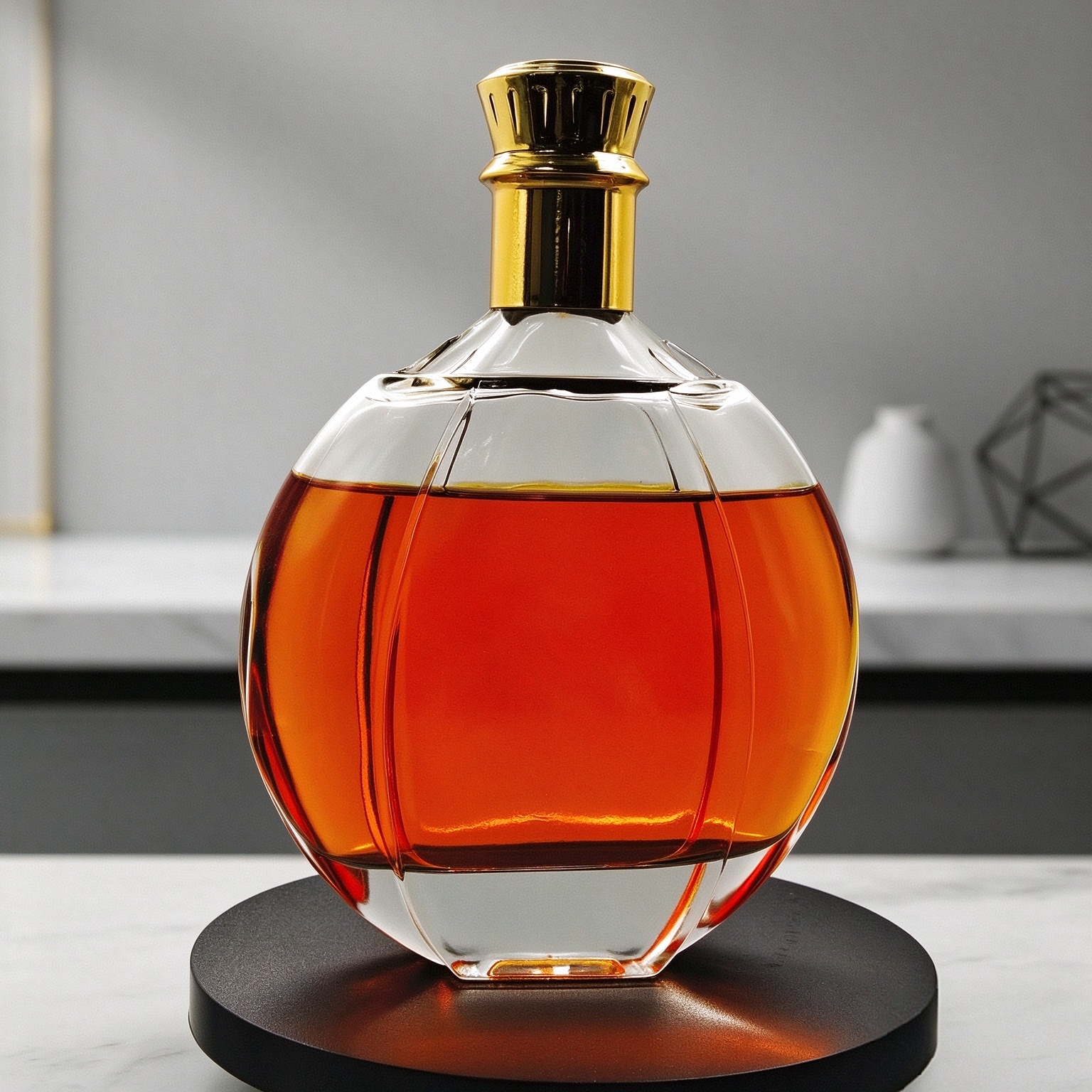 Spherical Multi-faceted Cut Spirit Glass Bottle, 700ml Simple Faceted Round Liquor Bottle with Gold Electroplated Crown Cap