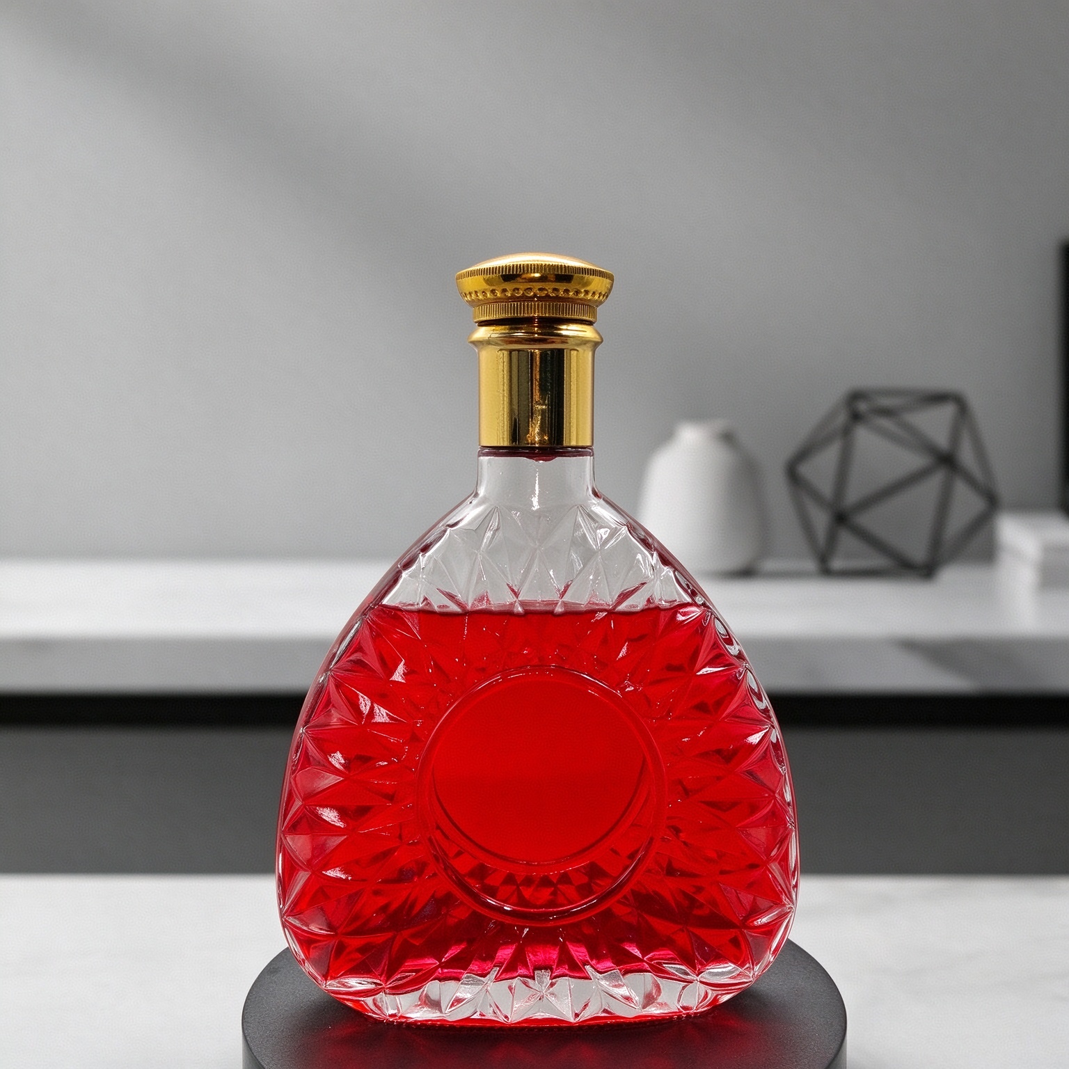 Diamond Cut Flat XO Brandy Glass Bottle, Premium Heavy Flint Liquor Bottle with Gold Cap