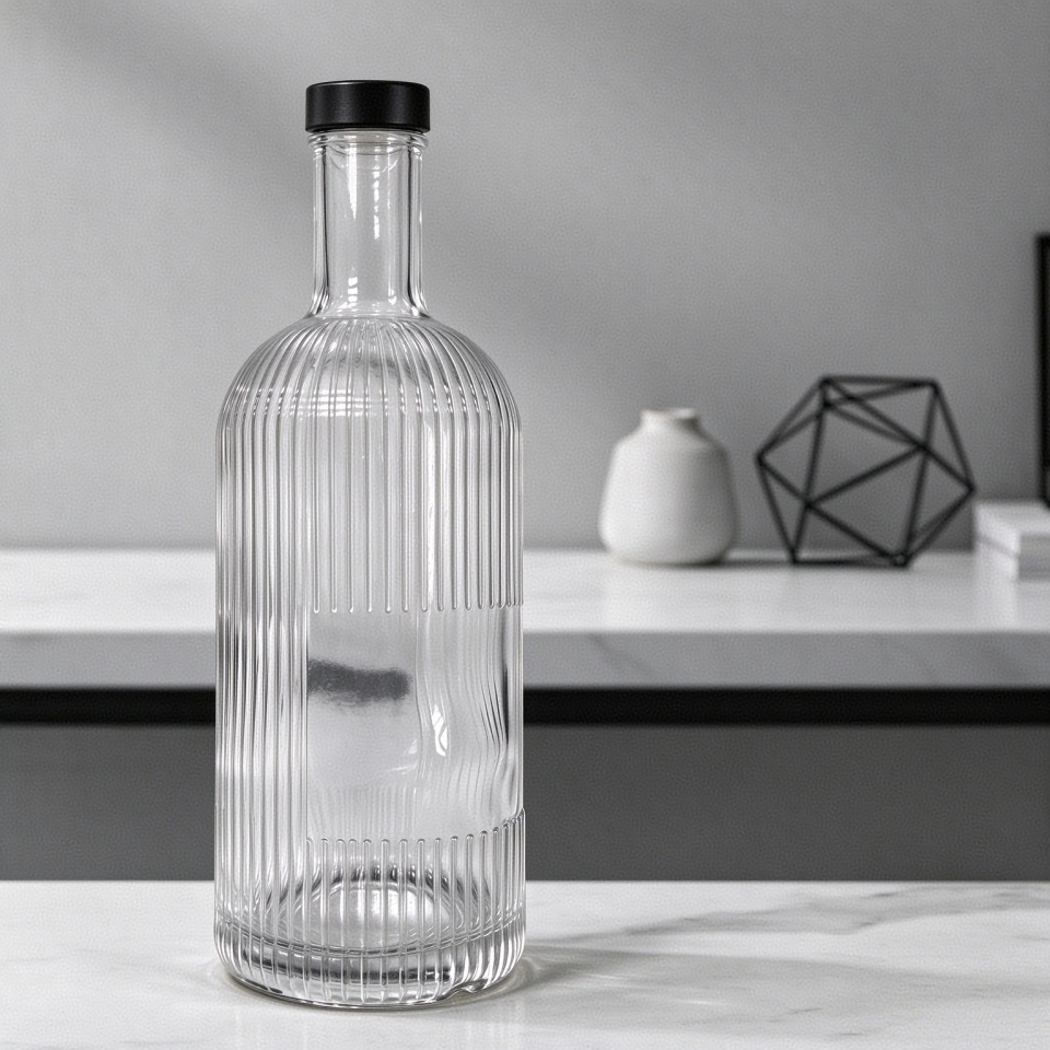 Vertical Ribbed Glass Liquor Bottle, 750ml Vintage Striped Clear Bottle with Thread Neck for Gin & Vodka